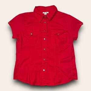 Y2K Red Collared Top Size Large Cap Sleeves Snap Buttons Office Siren